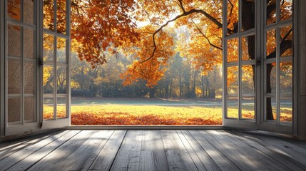 View from a room window overlooking an autumn park adorned with colorful fall leaves