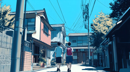 Two Friends Walk Home Together on a Sunny Summer Day in Japan