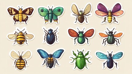 Insect set: caterpillar, firefly, bold colors, plain background.