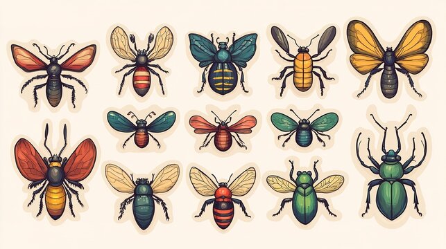 Naklejki Insect sticker set: dragonfly, beetle, grasshopper, colorful designs, plain background.