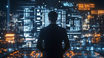 Fototapeta premium A businessman working in a high-tech industrial setting where localized data processing nodes are glowing with power