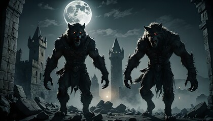 Fototapeta premium Two wereworf under a full moon