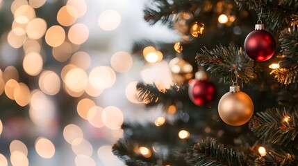 Obraz premium Christmas Tree With Baubles And Blurred Shiny Lights, Generative AI 