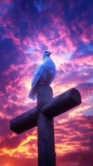 white dove on wooden cross at sunset, serene atmosphere. peace and harmony concept