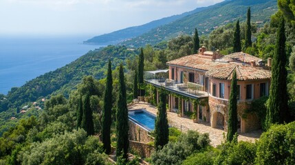 Beautiful Mediterranean villa nestled in the hills, overlooking a scenic coastline, offering a luxurious travel experience
