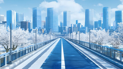 Naklejka premium Modern Cityscape with Blossoming Trees and a Wide Road Leading to the City Center on a Clear Day