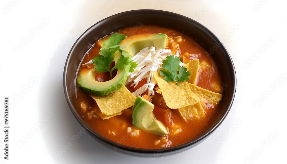 Wall mural bowl of mexican tortilla soup with avocado and toppings