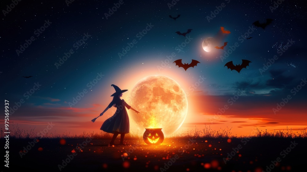 Wall mural halloween witch silhouette with full moon bats and cauldron