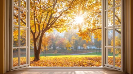 View from a room window overlooking an autumn park adorned with colorful fall foliage