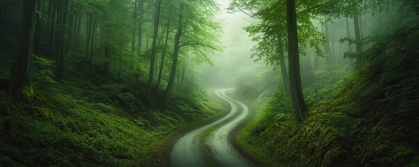 Obraz premium Misty road in a dense forest, where every turn hides a new discovery, Forest Path, Mystical Journey