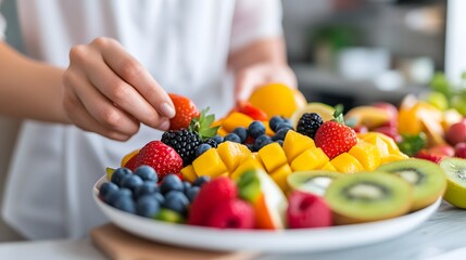 hands arranging fresh fruits on a plate in a bright kitchen, Generative AI 