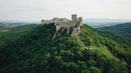 Obraz premium Elegant historical castle perched atop a hill, surrounded by a lush green forest, offering a perfect destination for travel and sightseeing