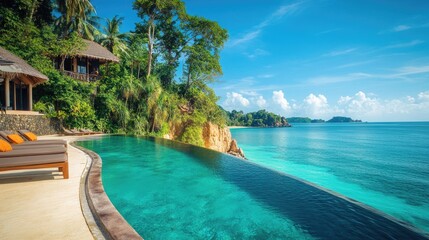 Fototapeta premium Elegant resort with infinity pool overlooking a tropical beach, offering a luxurious and relaxing travel experience in a stunning setting