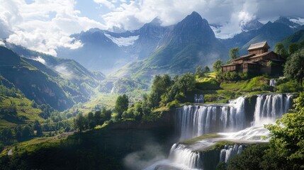 Elegant mountain retreat with a serene landscape, featuring cascading waterfalls and tranquil valleys, an ideal destination for nature lovers