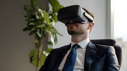 A corporate executive immersed in a fully virtual world, navigating through 3D business models and simulations