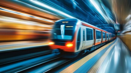 Dynamic motion blur of a bustling city metro rail showcasing urban transit in swift action