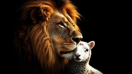 Majestic Lion Gently Embraces a Small Lamb in Friendship