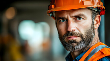 Close-up Portrait of a Construction Worker Wearing a Hard Hat and Safety Vest on a Job Site