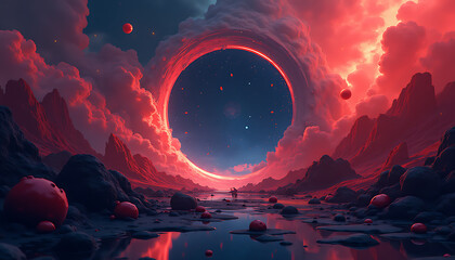 Fantasy art of a super chaotic world full of disasters making the clouds like a door in the sky.