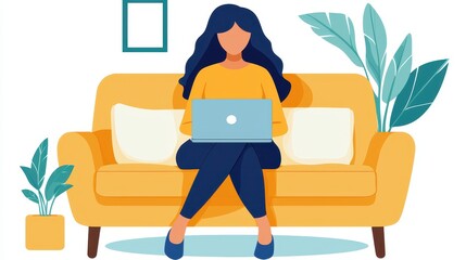 Woman Working On Laptop From Home On Yellow Couch