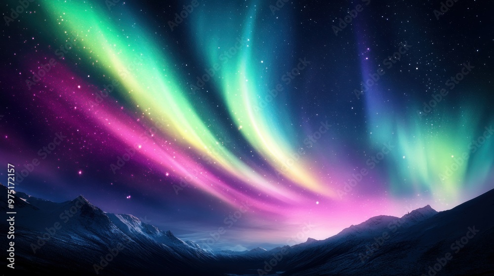 Sticker aurora borealis above snowy mountains