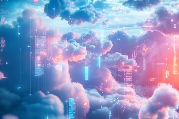 Visual representation of data points and information in floating virtual clouds illustration