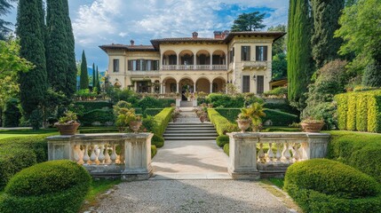 Fototapeta premium Beautiful countryside estate with manicured gardens and elegant architecture, a peaceful and luxurious destination for travelers