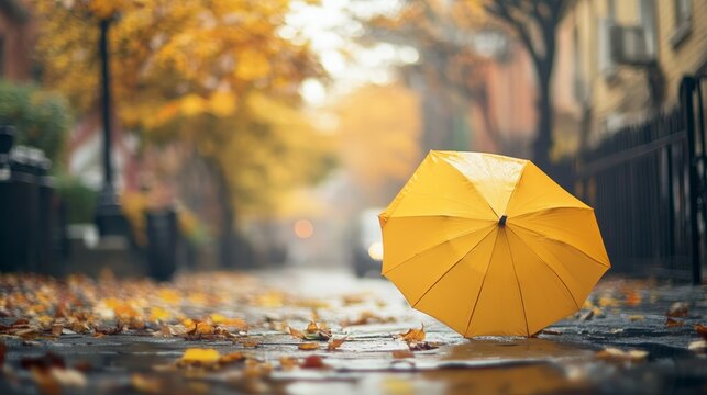 Charming autumn scene  a yellow umbrella on a city street with space for personalized text