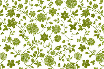 Green Flower Pattern Featuring Natural Tones and Floral Shapes for Artistic Nature-Themed Wallpaper on White Background