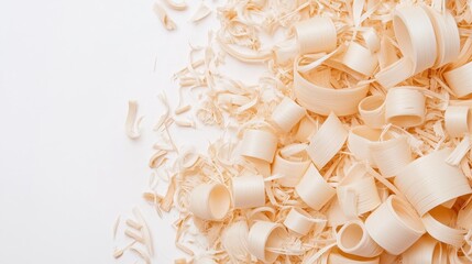 Wooden Shavings and Rolled Wood on White Background