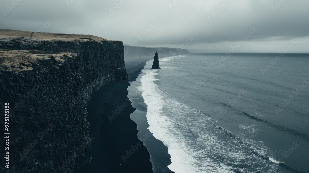 Wall mural dramatic black sand beach and cliffs in iceland