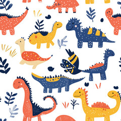 A vibrant and playful pattern featuring colorful cartoon dinosaurs, perfect for children's textiles, wallpaper, and themed design projects.