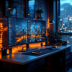Night Cityscape View From Gaming Desk Illustration