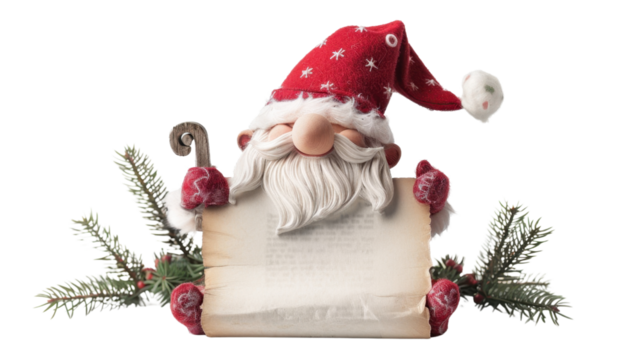 Christmas gnome with scroll on transparent background