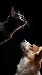 Obraz premium Cat and dog gazing at each other on black background, studio shot. Friendship and curiosity concept