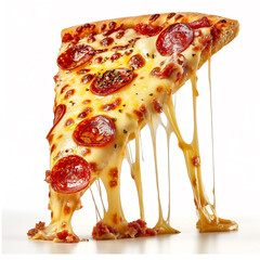 A slice of pizza with pepperoni and cheese on white background