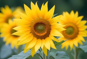 Obraz premium A vibrant yellow sunflower with its petals fully open, set against a blurred green background