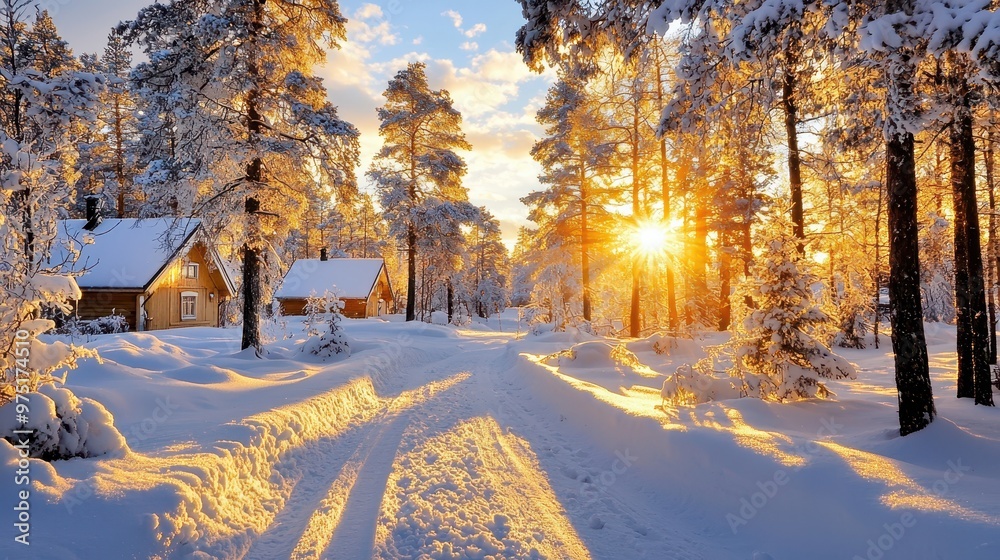 Poster winter sunset with cabin and snow covered path in forest