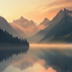 Serene Mountain Landscape with Reflections at Sunrise