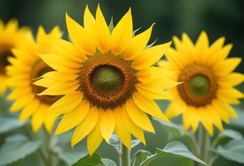 A vibrant yellow sunflower with its petals fully open, set against a blurred green background