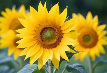 A vibrant yellow sunflower with its petals fully open, set against a blurred green background