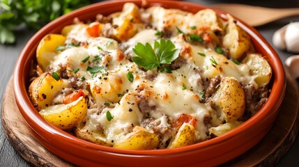 Potatoes with meat and mozzarella cheese , Generative AI 