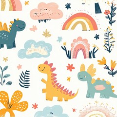 Obraz premium Whimsical Dinosaur Patterns with Rainbows and Clouds