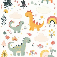 Playful Dinosaur Pattern with Flowers and Rainbows