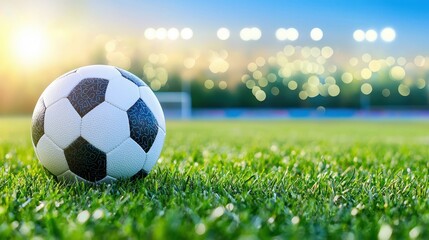 Fototapeta premium Soccer Ball on Green Grass Field with Stadium Lights in Background