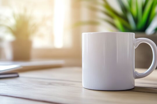 White coffee mug on wooden desk in warm light