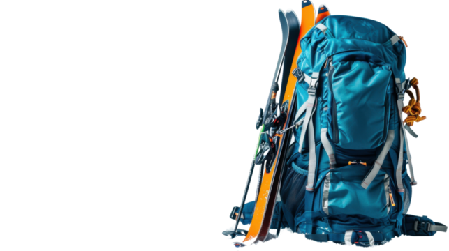A backpack with skis and ski poles on transparent background - Powered by Adobe