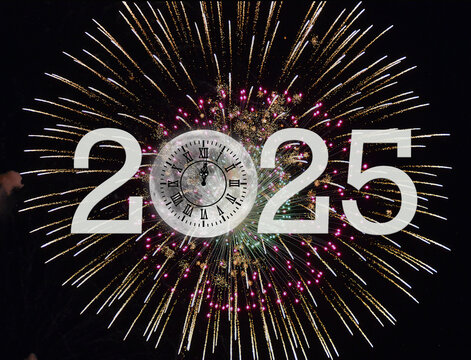 New Year 2025 full moon with clock face and fireworks in black sky