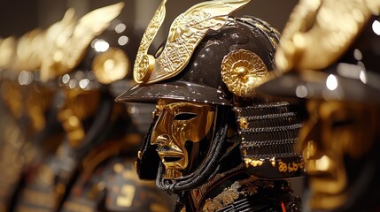Traditional Japanese Samurai Helmet with Gold Details