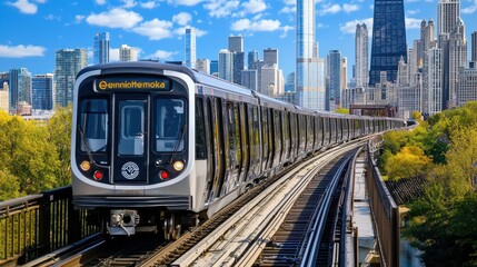 Naklejka premium Modern Train on Elevated Tracks in a City with Skyscrapers